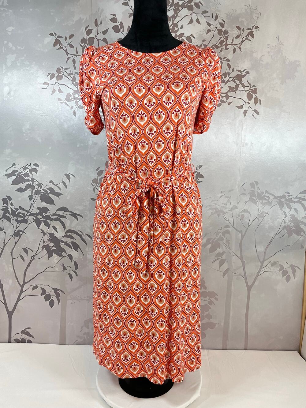 Boden Midi Dress Tie Waist Puff Sleeve Orange US 4L (long) Retro Boho Festival